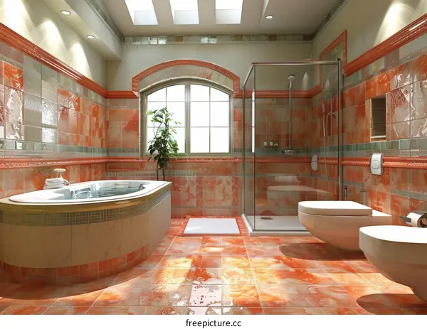 Bathroom interior with large corner bathtub and separate shower