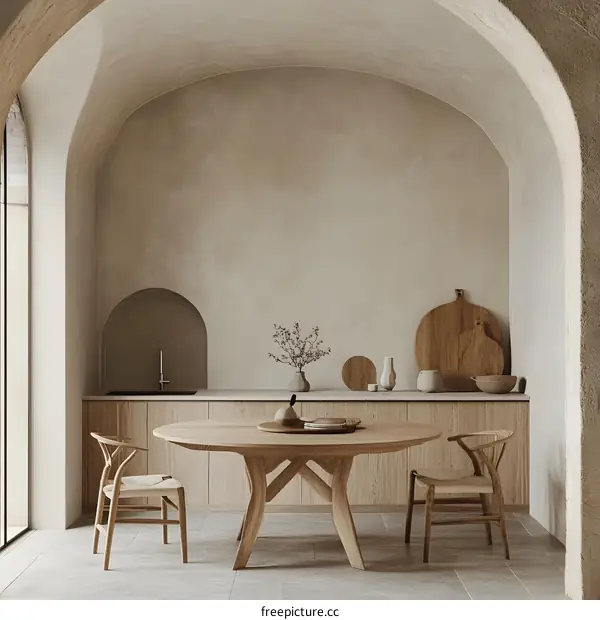 Minimalist Kitchen Interior Design with Arched Ceiling and Wooden Table