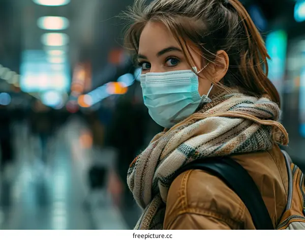 A young woman wearing a mask at an airport