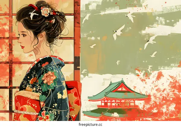 An illustration of a Japanese woman in a kimono standing in front of a temple.