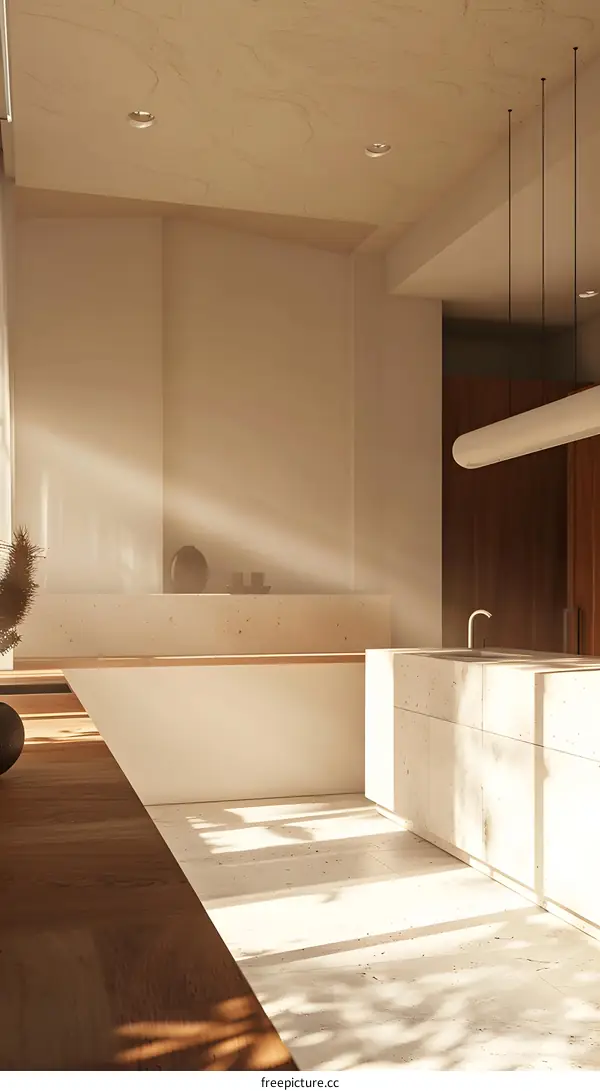 Minimalist Kitchen Interior Design With Wooden Countertop And White Cabinets