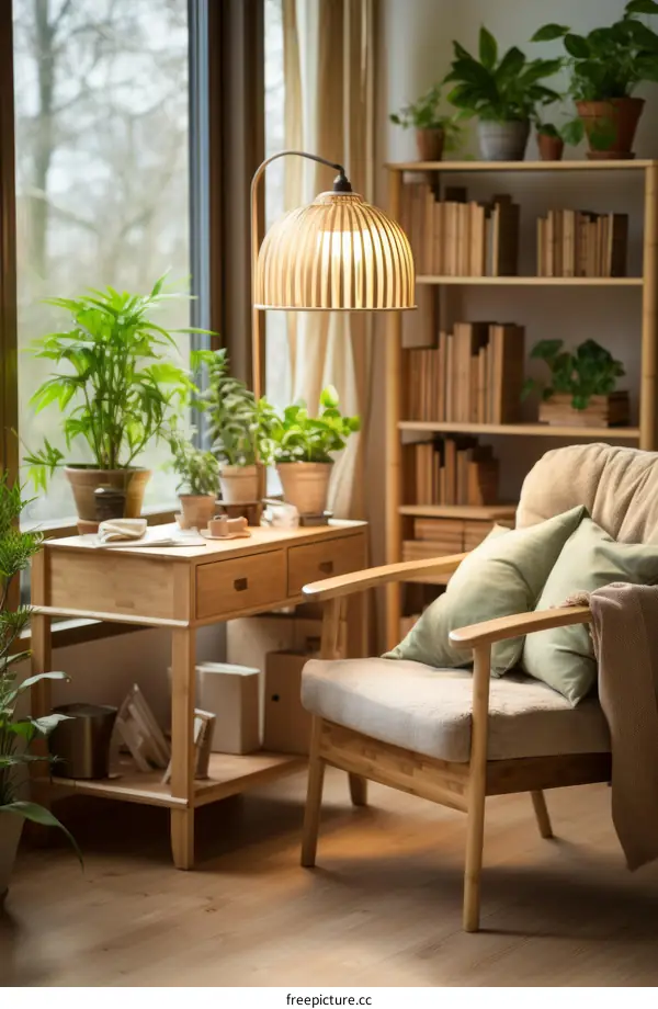 Bright and airy living room with wooden furniture and plants