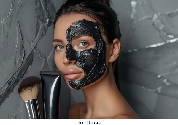 Black facial mask applied on young woman face with applicator brush in hand