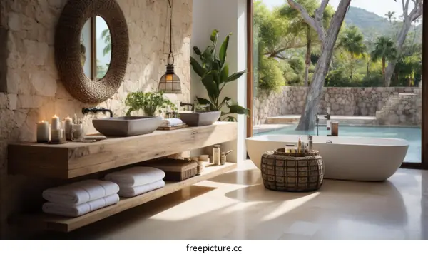 Bathroom with a view of the pool