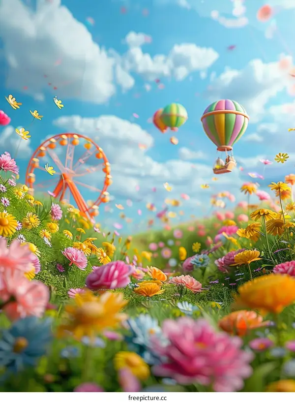 Hot Air Balloon Ride Over a Field of Flowers