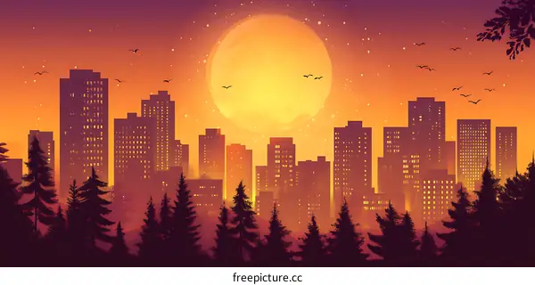 Silhouettes of Buildings at Sunset with a Large Moon