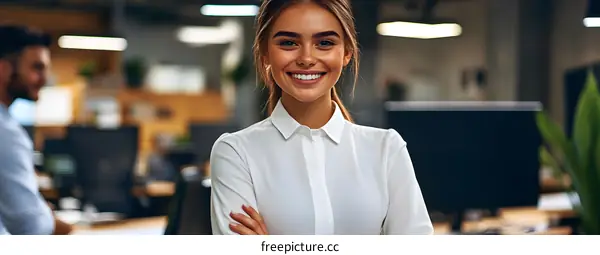 Smiling Woman in White Shirt with Arms Crossed in Office Setting