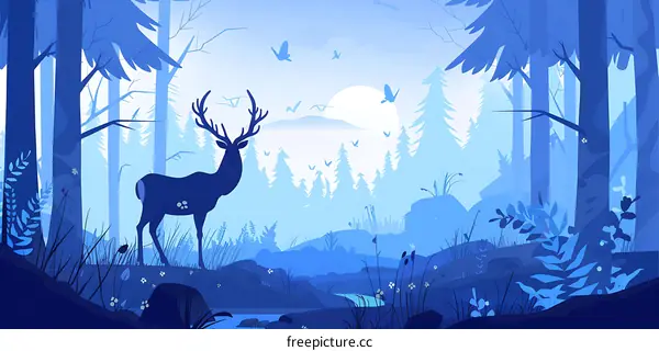 Blue Forest with Deer Illustration