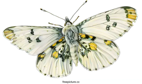 [Transparent Background PNG]Close Up Watercolor Illustration of a White Butterfly with Yellow and Green Spots