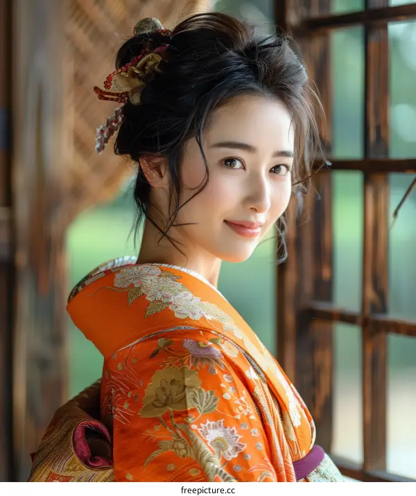 Beautiful Japanese Woman in Traditional Kimono