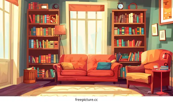 Cozy Living Room with Bookshelves and Sofa