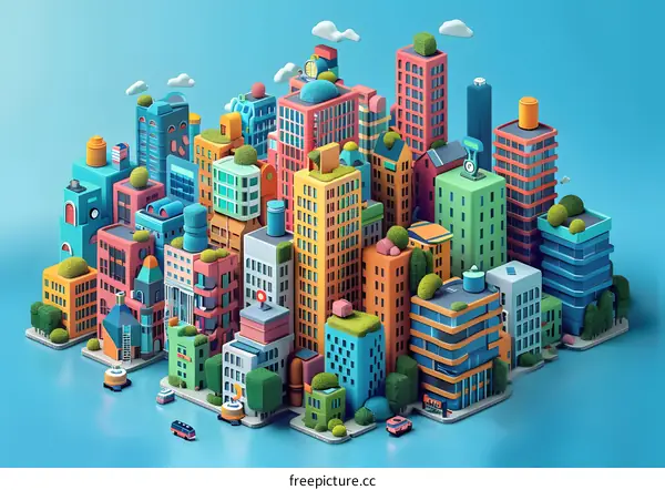 A collection of 3D rendered buildings in isometric perspective