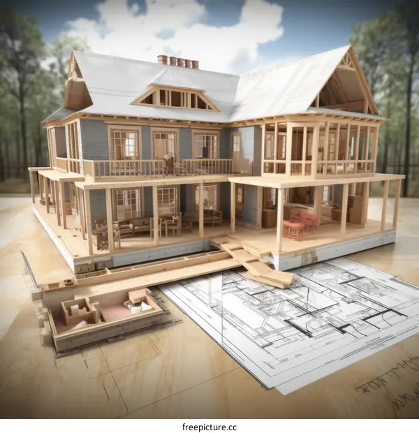 3D rendering of a house under construction with blueprints
