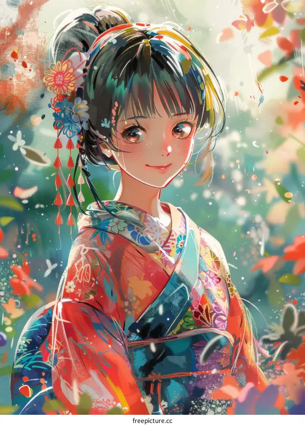 Smiling Woman in Traditional Japanese Clothing