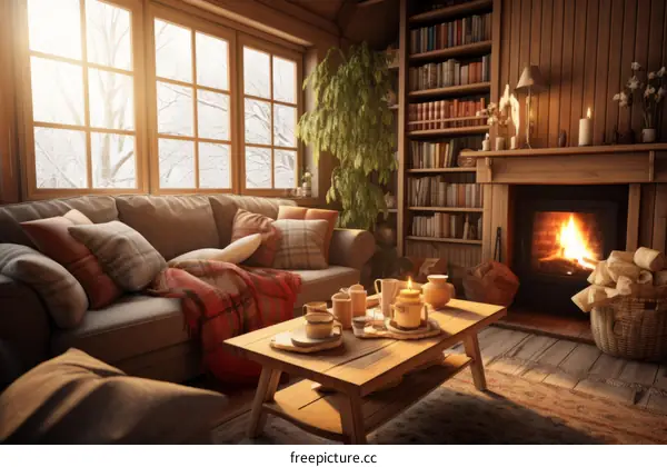 Cozy living room with fireplace and large windows