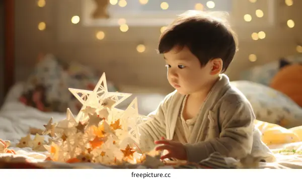 An Asian baby boy plays with a star-shaped toy