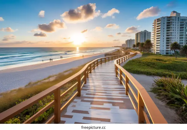 Beach boardwalk at sunset with people walking