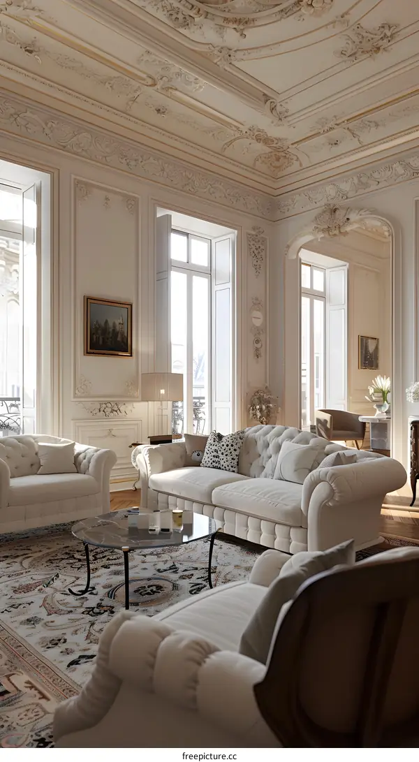 Ornate living room with two sofas and a coffee table