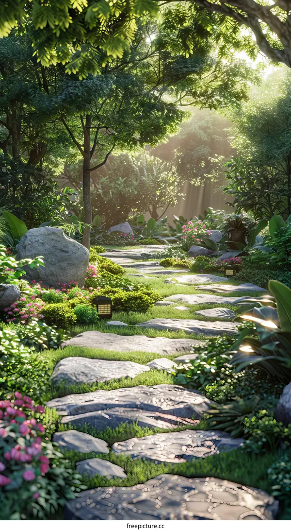 Stone Path through Lush Green Forest