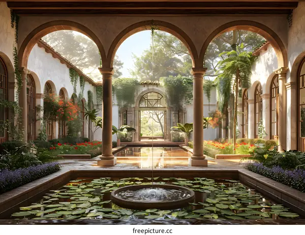 Courtyard with fountain and plants