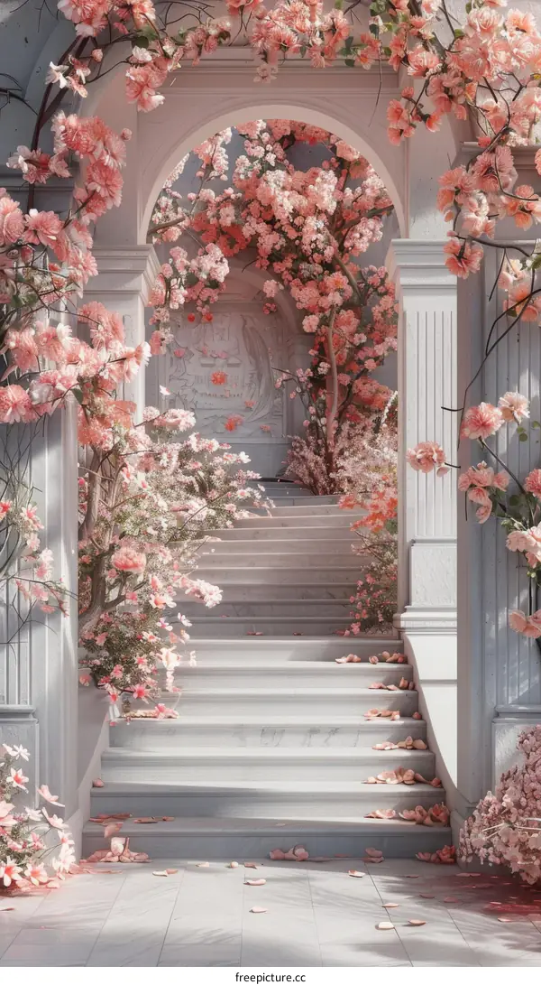 Romantic Floral Staircase Decorated with Pink Flowers