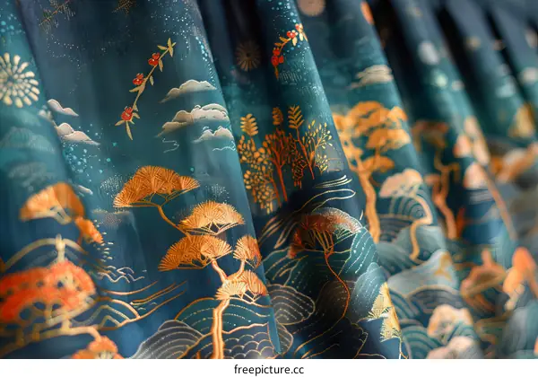 Blue and gold Chinese style fabric with pine trees and clouds pattern