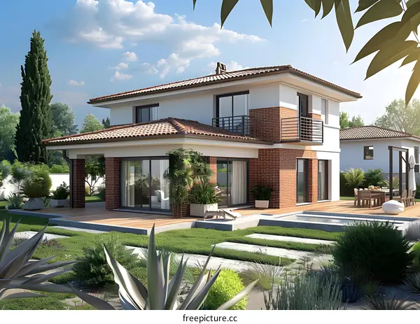 Modern two story house with swimming pool