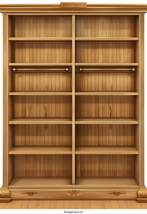 Empty Wooden Bookshelf With Shelves