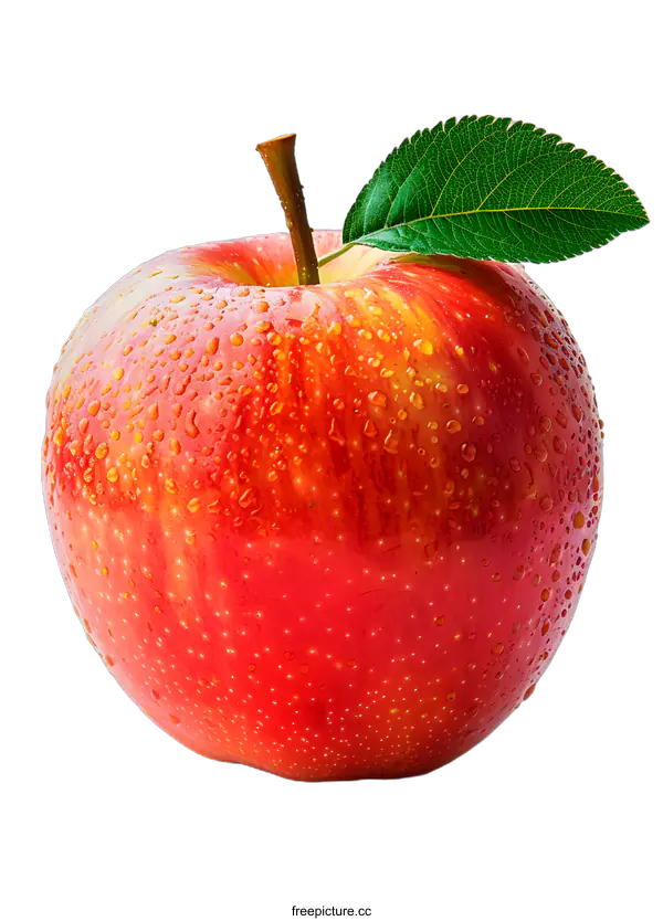 [Transparent Background PNG]Red Apple With Water Drops And Green Leaf