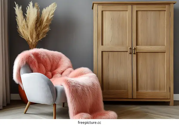 Modern Room Interior with Pink Fur Throw