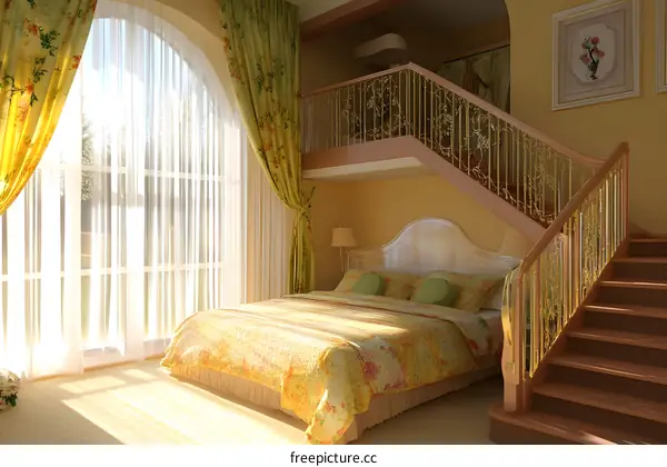 Bedroom Interior Design with Yellow Curtains and a Wooden Staircase