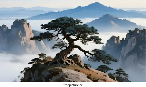 A majestic pine tree grows on a rocky mountain peak surrounded by clouds