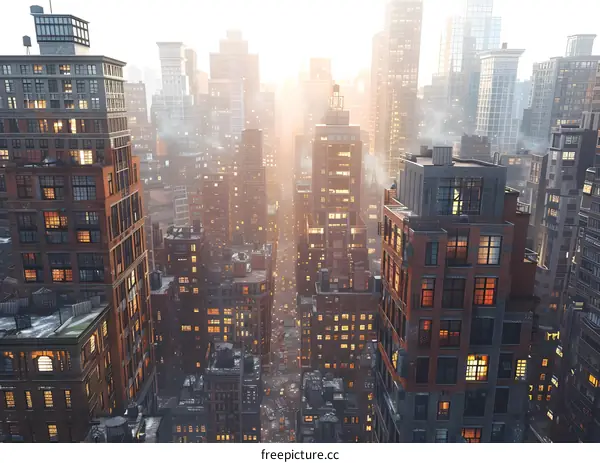 A cityscape of tall buildings with a foggy atmosphere