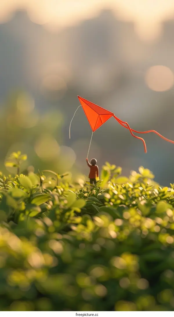 Boy Flying a Kite in a Field of Green Bushes