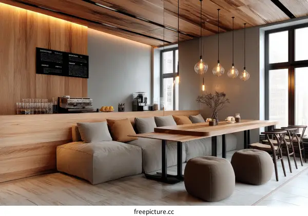 Modern Cafe Interior Design with Wooden Accents
