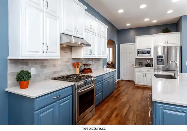 Modern Kitchen Design with White and Blue Cabinets