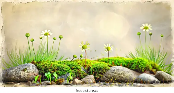 Vintage Floral Illustration With Stones and Moss