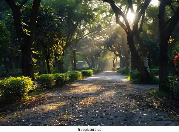 Sunbeams Through Trees on a Path in a Park