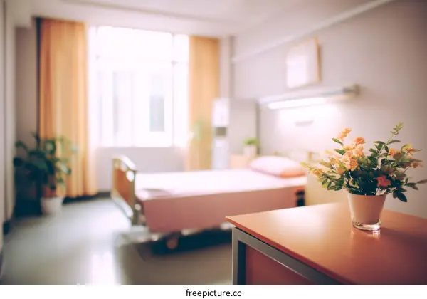 Hospital Room Interior with Soft Lighting and Flowers