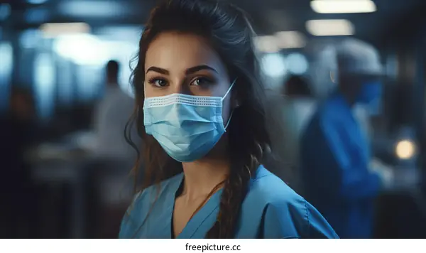 A young female nurse wearing a surgical mask in a hospital setting