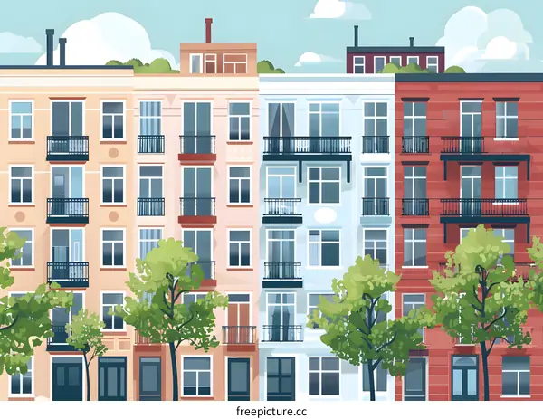 Illustration of Row of Colorful Buildings with Balconies