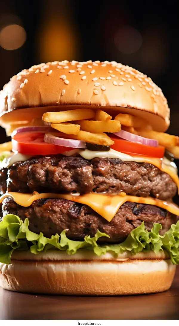 yummy juicy double cheeseburger with fries