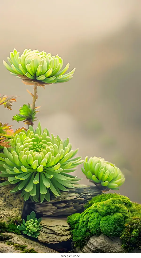 Green Succulents on Rocks with Moss