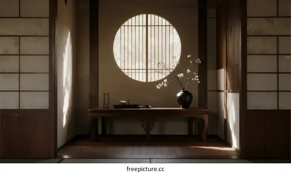 Traditional Japanese Room with Circular Window and Wooden Furniture