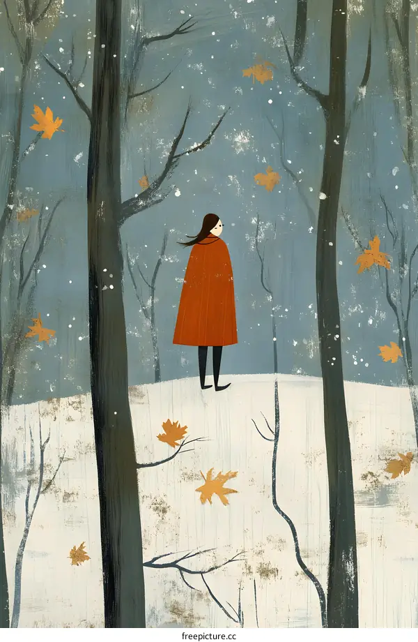 Woman in Red Coat Standing in Snowy Forest