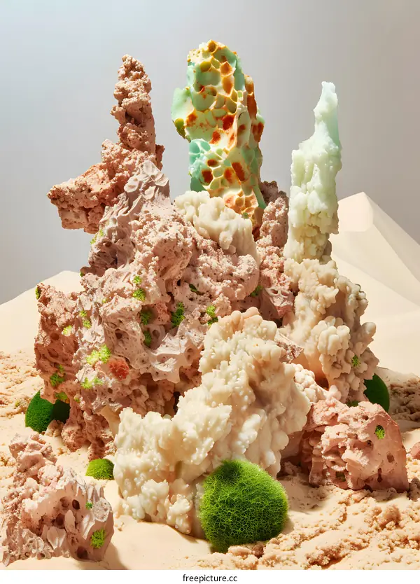 Abstract Coral Reef Sculpture with Green Moss
