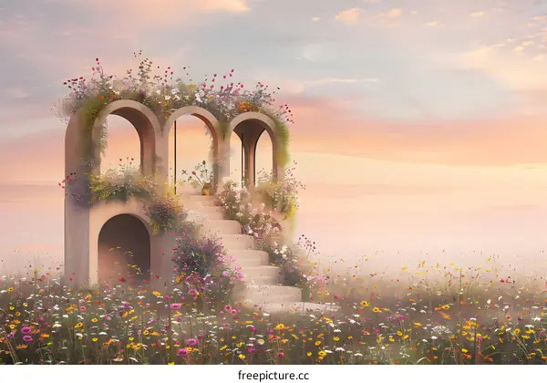 Dreamy Flower Garden With Archway And Staircase