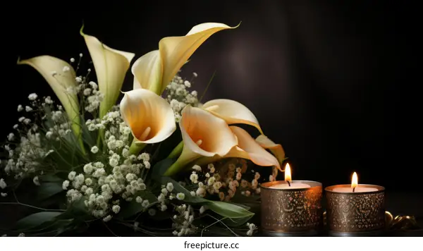 Elegant calla lilies with baby's breath and candles