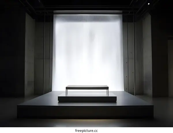 Minimalist Concrete Room with Bench and White Curtain