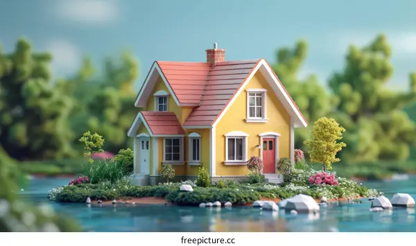 Small yellow house on the lake